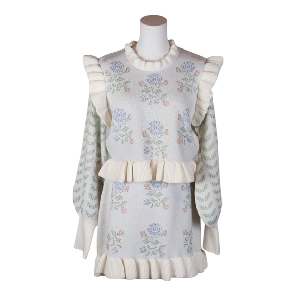 MABLE Floral Knit Ruffle Sweater Dress Puff Sleeves Cottagecore M - Picture 2 of 10